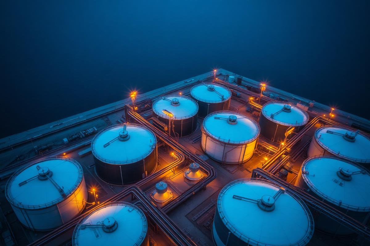 Aerial view of a petroleum tank farm at blue hour